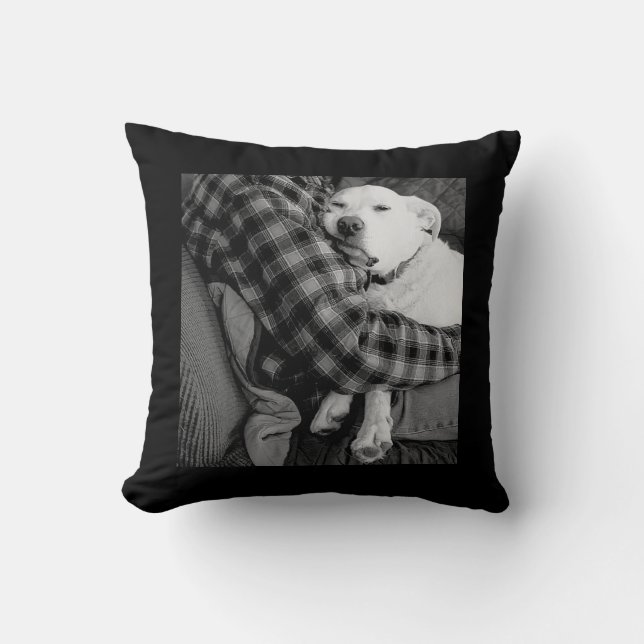 Black and White Photo of Dog Snuggling with Dad Cushion (Front)