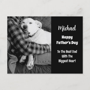 Black and White Photo of Dog Snuggling with Dad Holiday Postcard