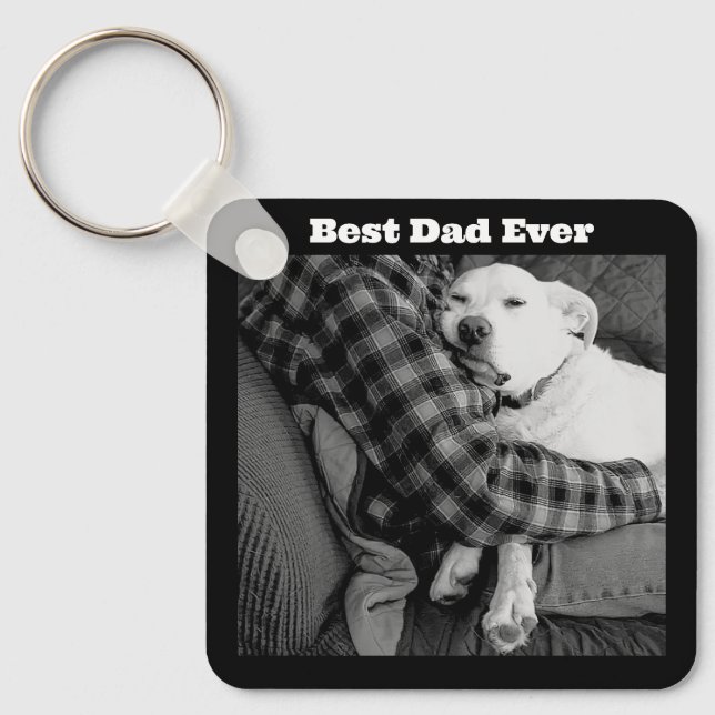 Black and White Photo of Dog Snuggling with Dad Key Ring (Front)