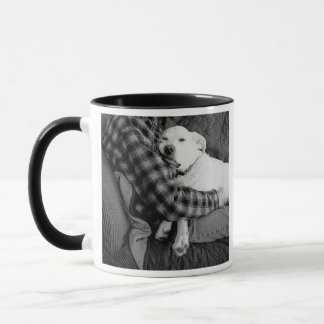 Black and White Photo of Dog Snuggling with Dad Mug