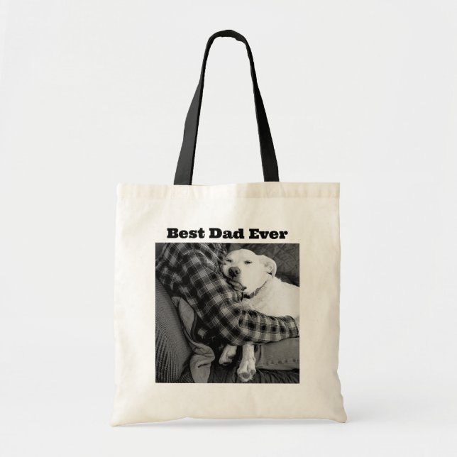 Black and White Photo of Dog Snuggling with Dad Tote Bag (Front)
