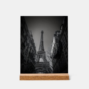 black and white photo of eiffel tower acrylic sign