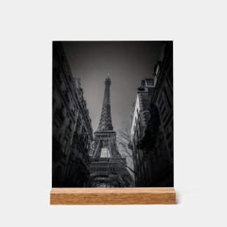 black and white photo of eiffel tower acrylic sign