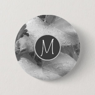 Black and White Photo of Grape Leaves Initial Gray 6 Cm Round Badge