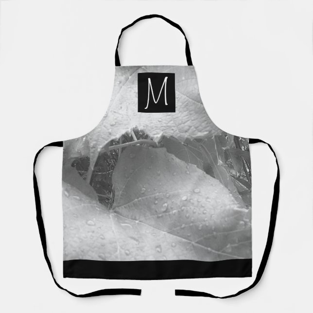 Black and White Photo of Grape Leaves Initial Grey Apron (Front)