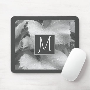 Black and White Photo of Grape Leaves Initial Grey Mouse Mat