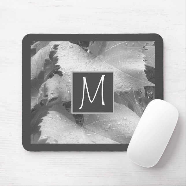 Black and White Photo of Grape Leaves Initial Grey Mouse Mat (With Mouse)