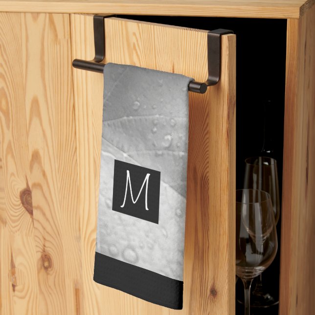 Black and White Photo of Grape Leaves Initial Grey Tea Towel (Thirds Fold)