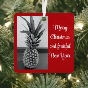 Black and White Photo of Pineapple Christmas Red Metal Tree Decoration