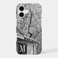 Black and White Photo of Rustic Snowy Winter Scene
