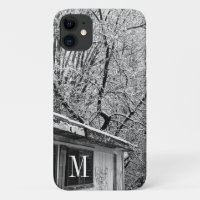 Black and White Photo of Rustic Snowy Winter Scene