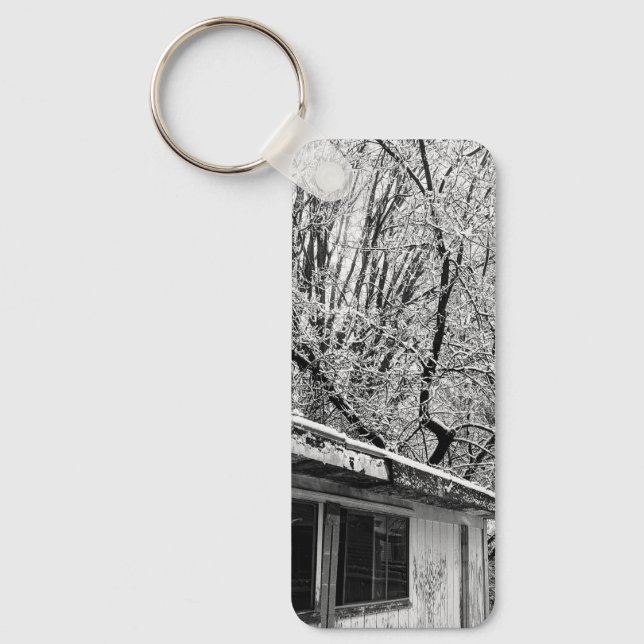 Black and White Photo of Rustic Snowy Winter Scene Key Ring (Front)