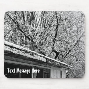 Black and White Photo of Rustic Snowy Winter Scene Mouse Mat