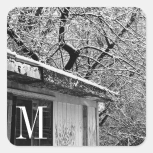 Black and White Photo of Rustic Snowy Winter Scene Square Sticker