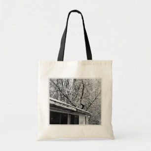 Black and White Photo of Rustic Snowy Winter Scene Tote Bag
