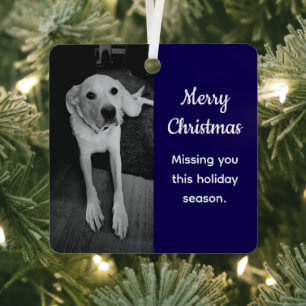 Black and White Photo of Sad Dog Missing You Blue Metal Tree Decoration