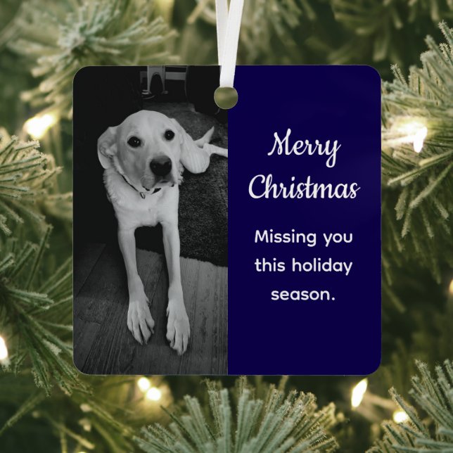 Black and White Photo of Sad Dog Missing You Blue Metal Tree Decoration (Insitu)