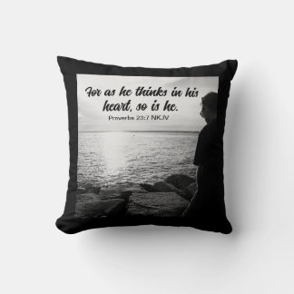 Black and White Photo of Sea and Man Bible Verse Cushion