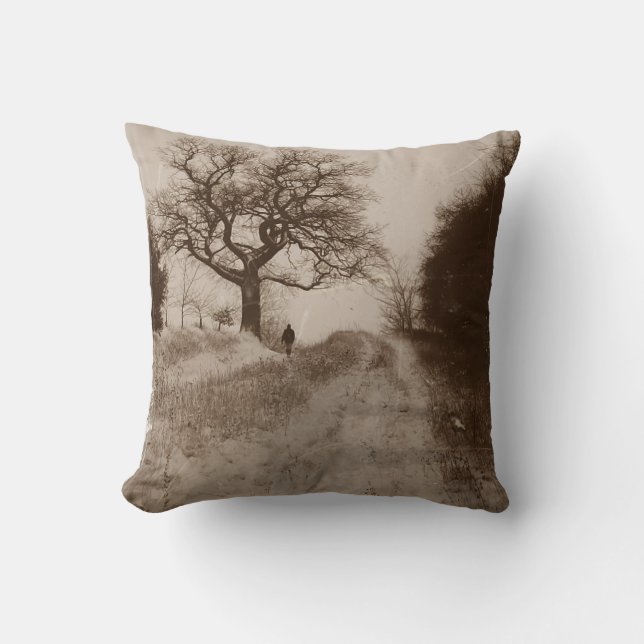 black and white photo of snow covered country lane cushion (Front)
