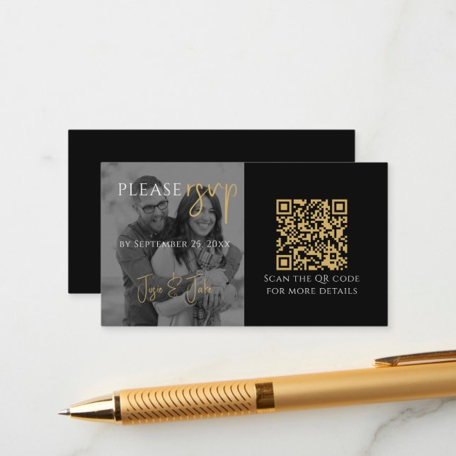 Black and white Photo RSVP with QR Code Enclosure Card (Front/Back In Situ)