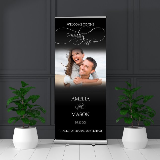 Black and White Photo Wedding Welcome  Retractable Banner (Black Calligraphy Script Elegant   Retractable Banner with Photo)