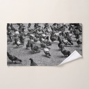 Black and white photography of many pigeons hand towel
