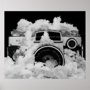 Black and White Photography Vintage Camera in Snow Poster