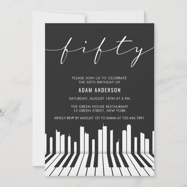 Black And White Piano 50th Birthday Party Invitation (Front)