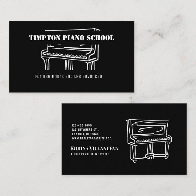 Black and White Piano illustration Music Teacher  Business Card (Front/Back)