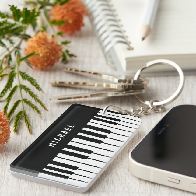 Black and White Piano Keyboard Monogram Key Ring (Front Right)