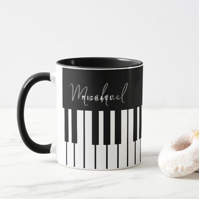 Black and White Piano Keyboard Monogram Mug (With Donut)