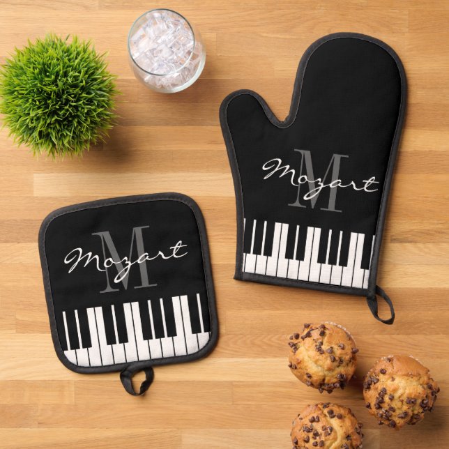 Black and white piano keys custom monogram oven mitt & pot holder set (Top Down)