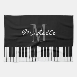 Black and white piano keys monogram kitchen towel