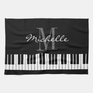 Black and white piano keys monogram kitchen towel