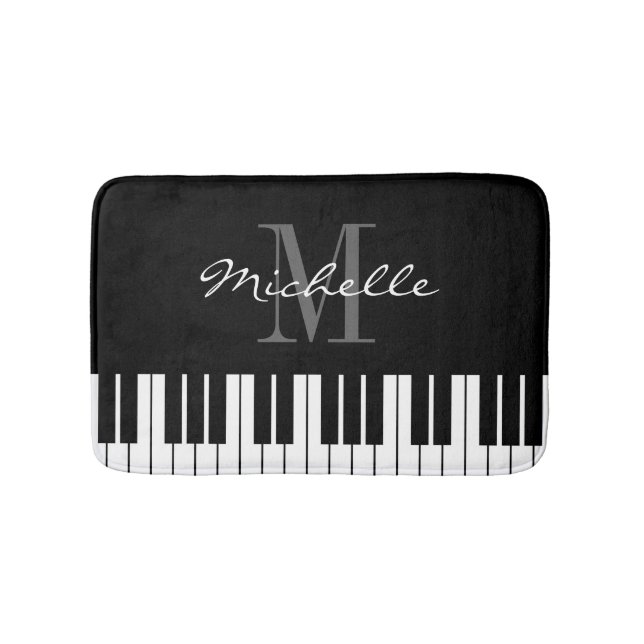 Black and white piano keys monogrammed bath mat (Front)