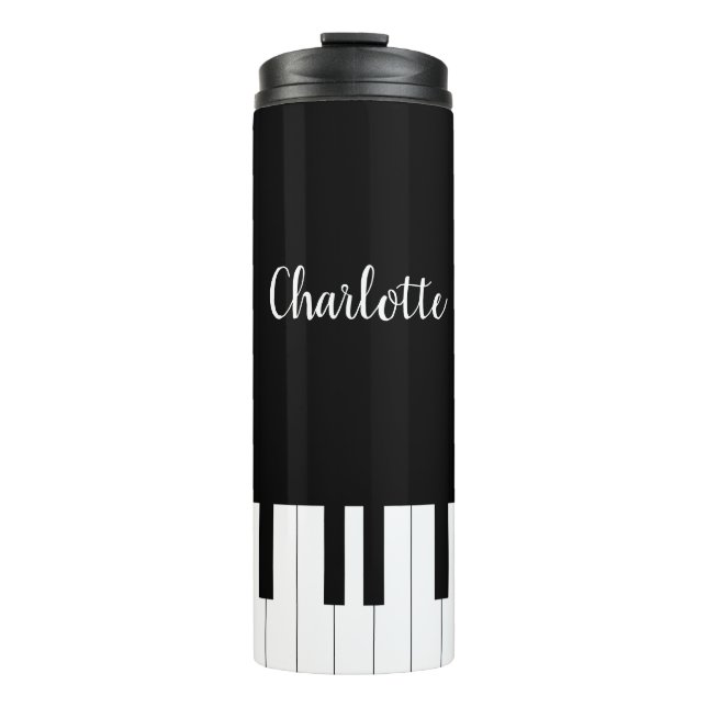 Black and White Piano Keys With Customazed Name Thermal Tumbler (Front)