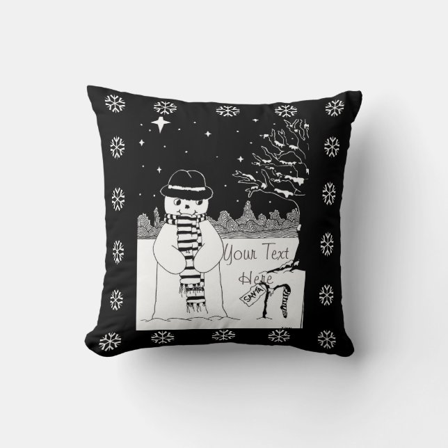 black and white picture cute snowman at christmas cushion (Front)