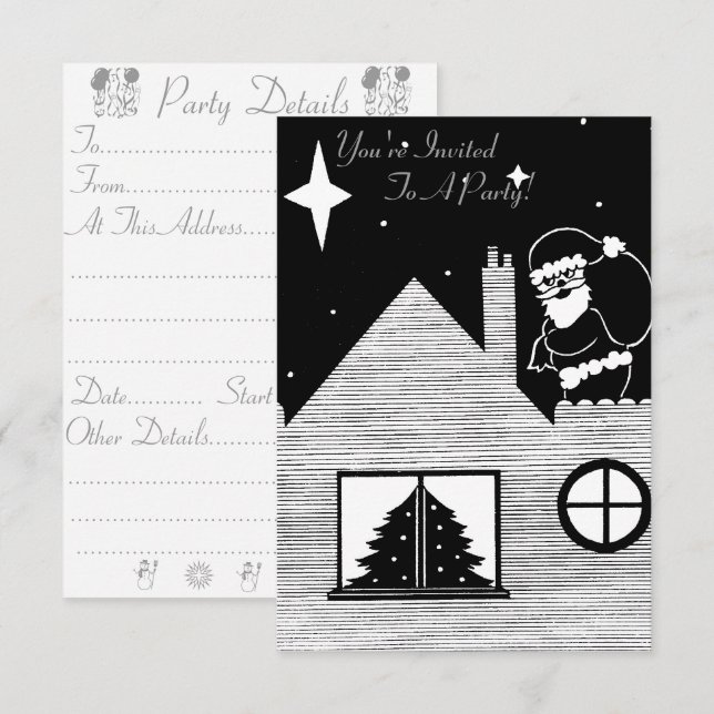 black and white picture of cute santa at christmas invitation (Front/Back)