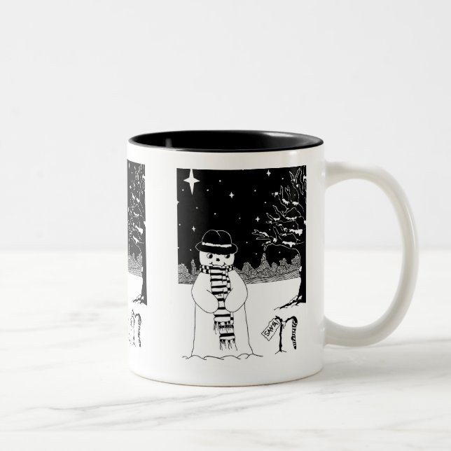 black and white picture of cute snowman Christmas Two-Tone Coffee Mug (Right)