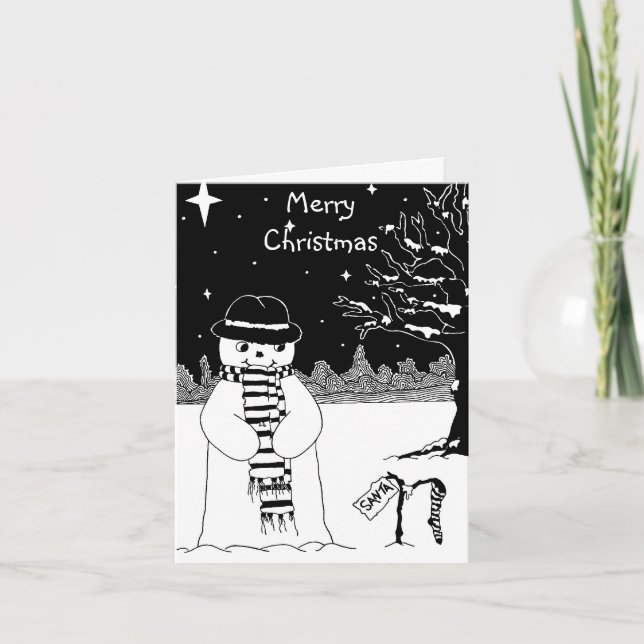 black and white picture of cute snowman holiday card (Front)