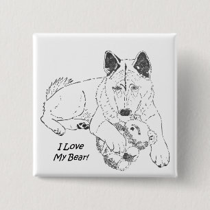 black and white picture of very cute akita dog 15 cm square badge