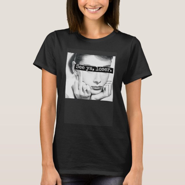 Black and white  picture woman shows middle finger T-Shirt (Front)
