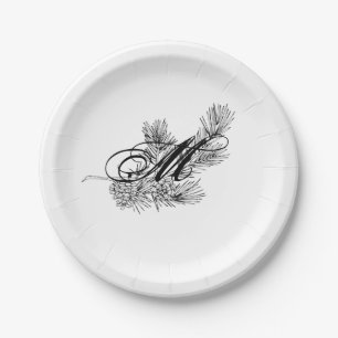 Black and white pine branch pine cones monogram paper plate