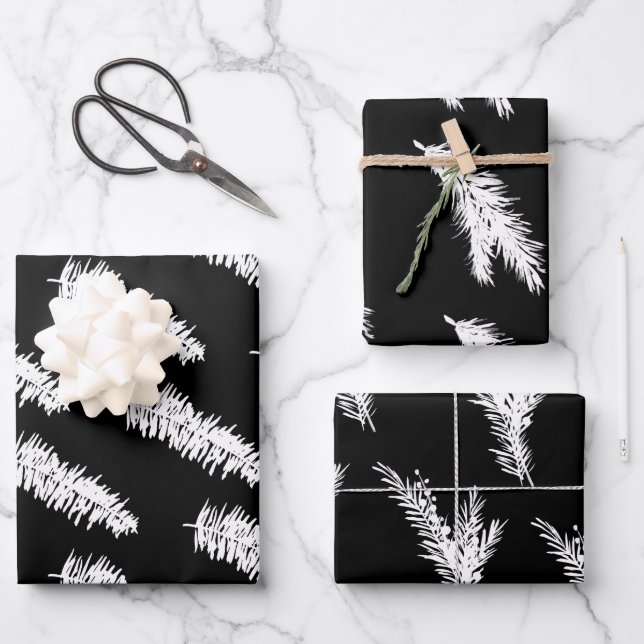Black And White Pine Spruce Branches Wrapping Paper Sheet (Front)