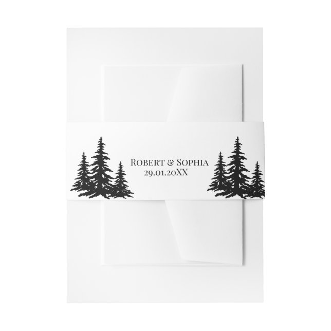 Black and White Pine trees Winter Wedding Invitation Belly Band (Front Example)