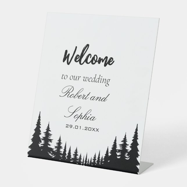 Black and White Pine trees Winter Wedding Pedestal Sign (Front)