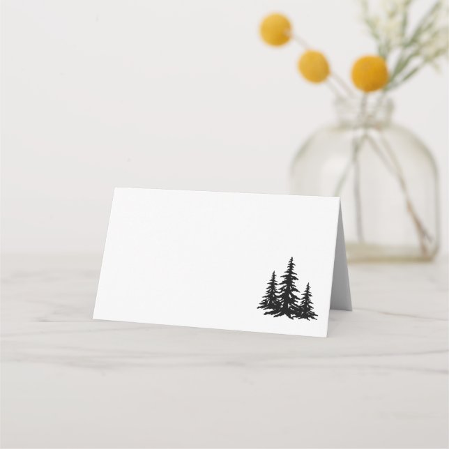 Black and White Pine trees Winter Wedding Place Card (Front)