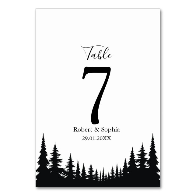 Black and White Pine trees Winter Wedding Table Number (Front)