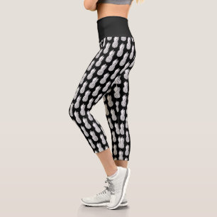 Black and white pineapple fruit print high waist capri leggings