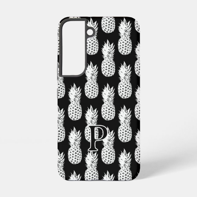 Black and white pineapple pattern custom monogram samsung galaxy s22 case (Back)